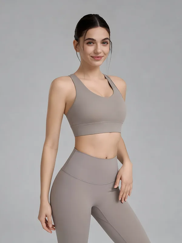 Mesh-Back Racerback Sports Bra in Cocoa