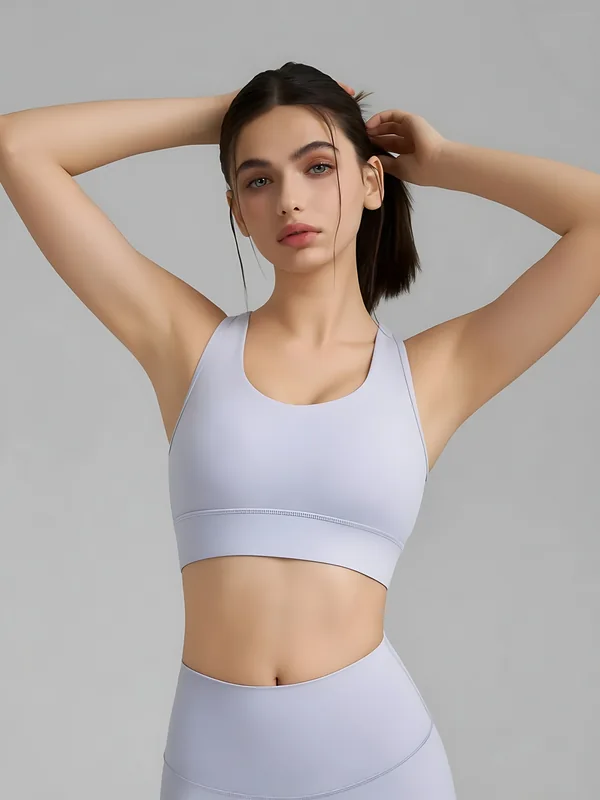 Mesh-Back Racerback Sports Bra, Cloud Lavender, model, front