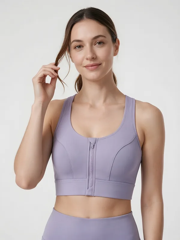 Zip-Front Racerback Sports Bra, Lavender, model, front