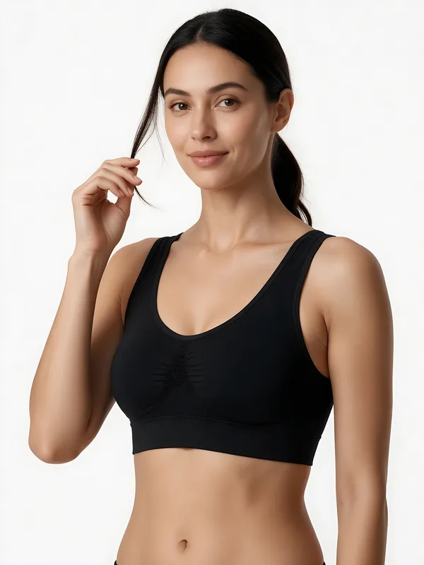 Double-Layer Seamless Bra, Black, model, front