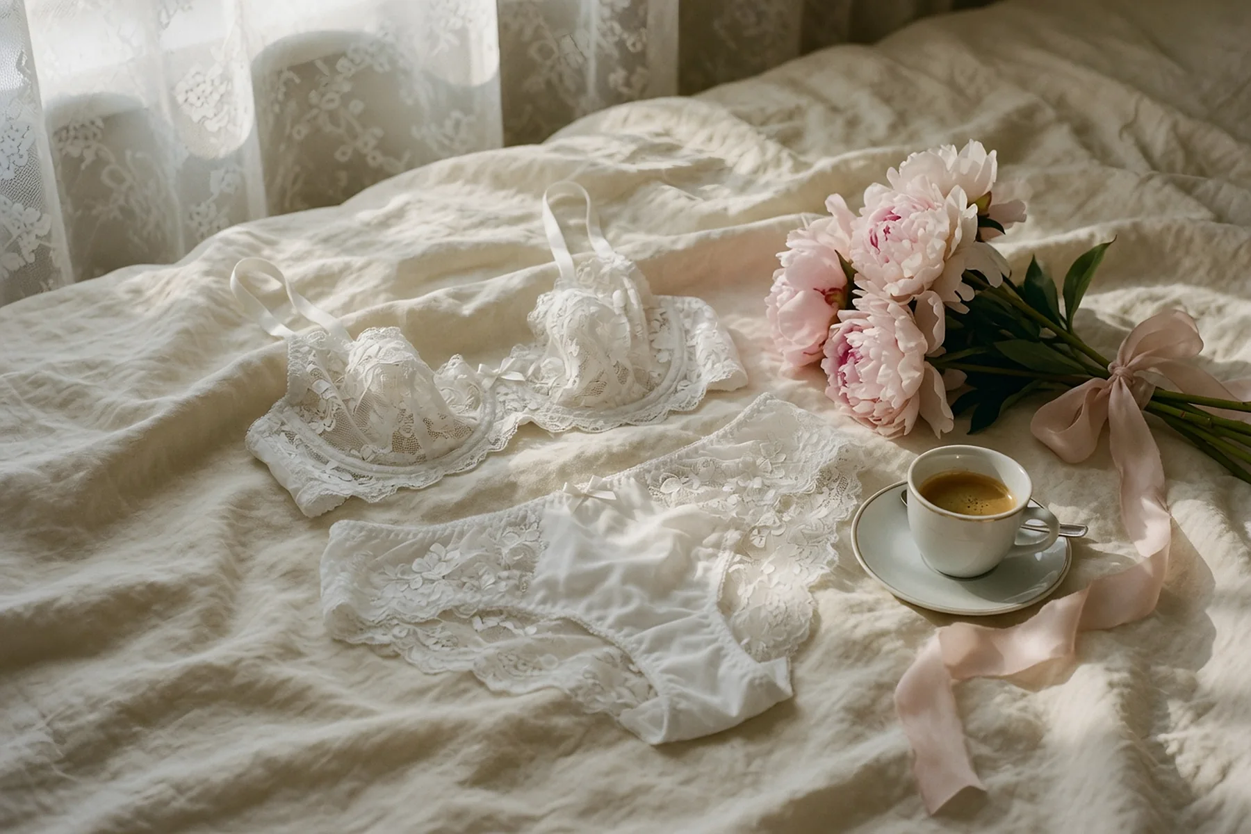 White lace bra and brief laid on ivory linen with pink peonies and coffee.
